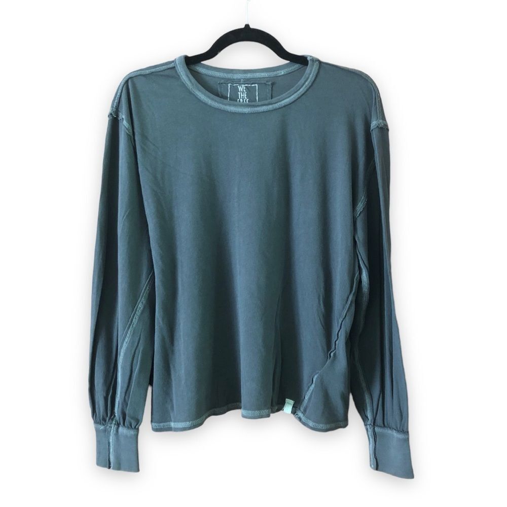 Free People Gray Gathered Long Sleeve Cropped Tee Size Medium Boho Neutral